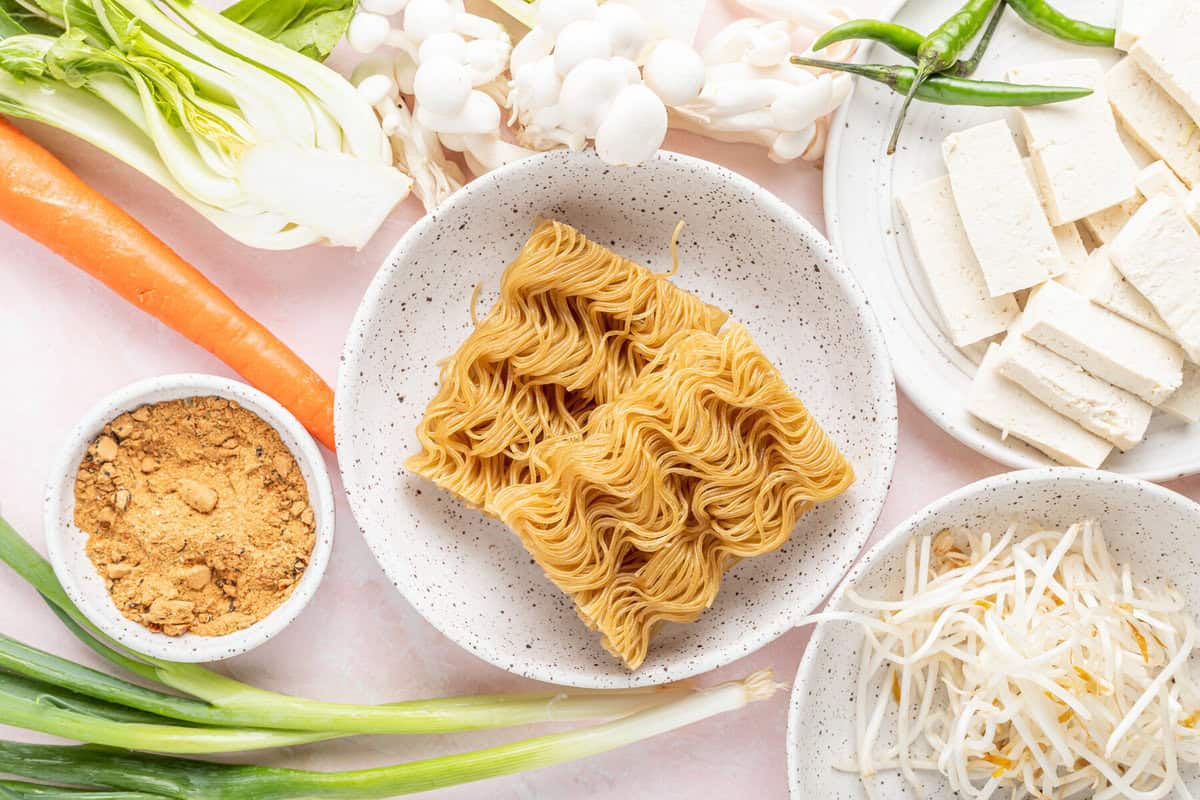 overhead view of ingredients for easy ramen.