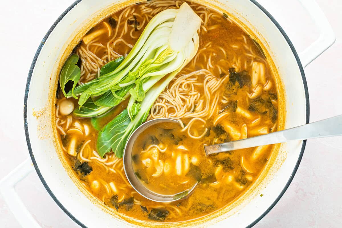 overhead view of easy ramen with a stainless steel ladle topped with bok choy.