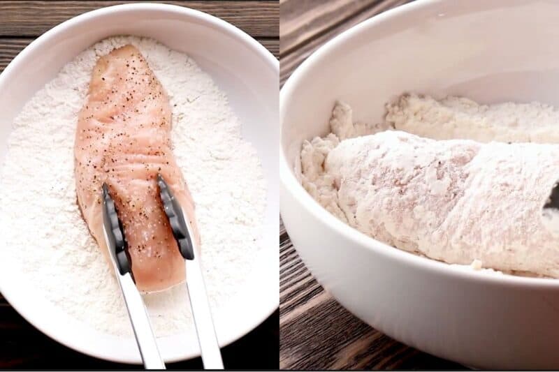 Coat the seasoned chicken with flour mixture on bth sides.