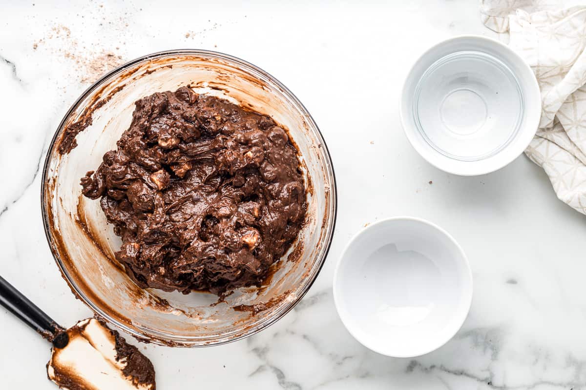 smore brownie cookie dough in a glass bowl