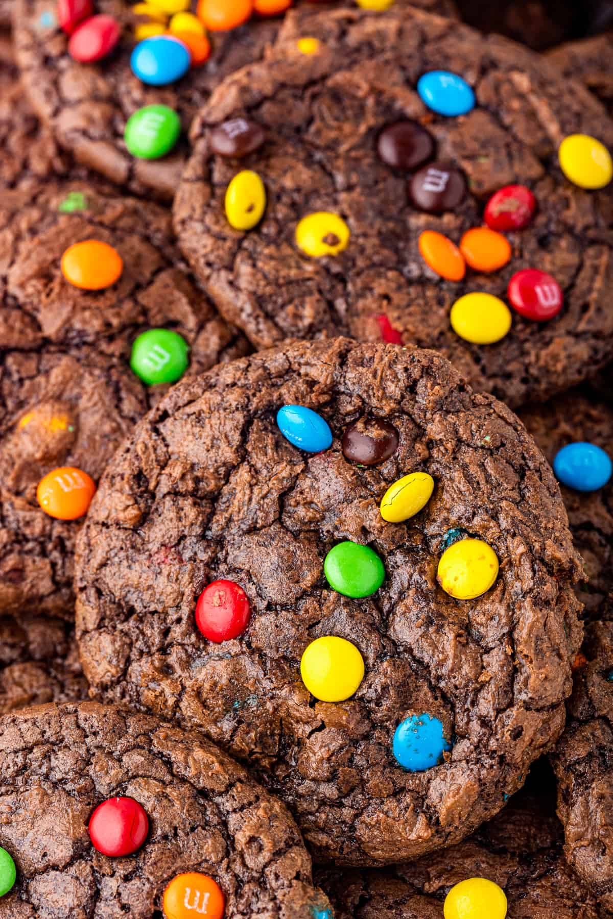 Close up on brownie cookies with M&Ms.