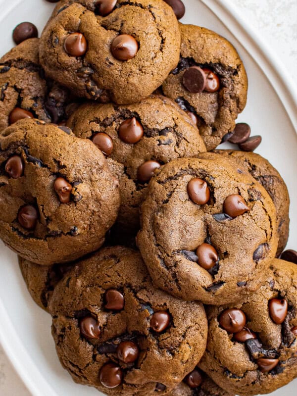 mocha cookies on a white serving tray