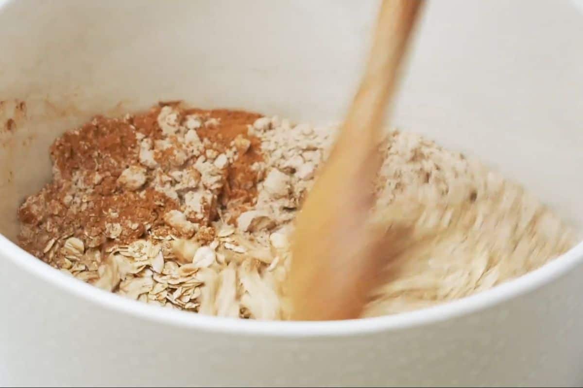 combining all dry ingredients in large glass bowl. mixing with spatula.