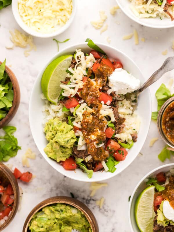 overhead image of assembled barbacoa burrito bowls