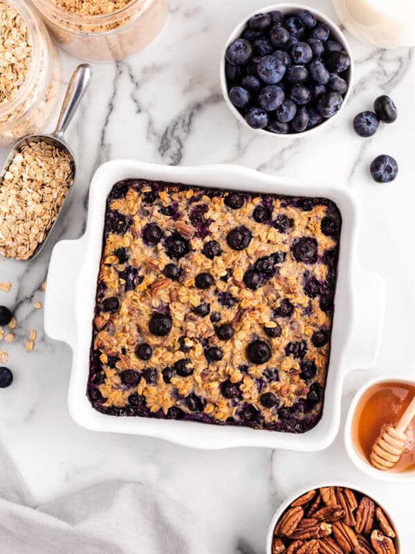 overhead image of blueberry baked oatmeal