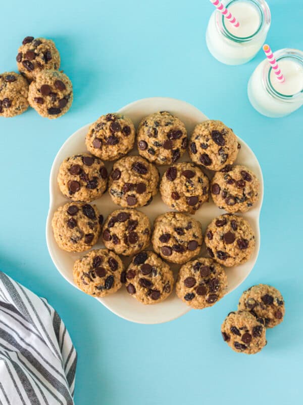 overhead image of chocolate chip breakfast cookies on a white plate