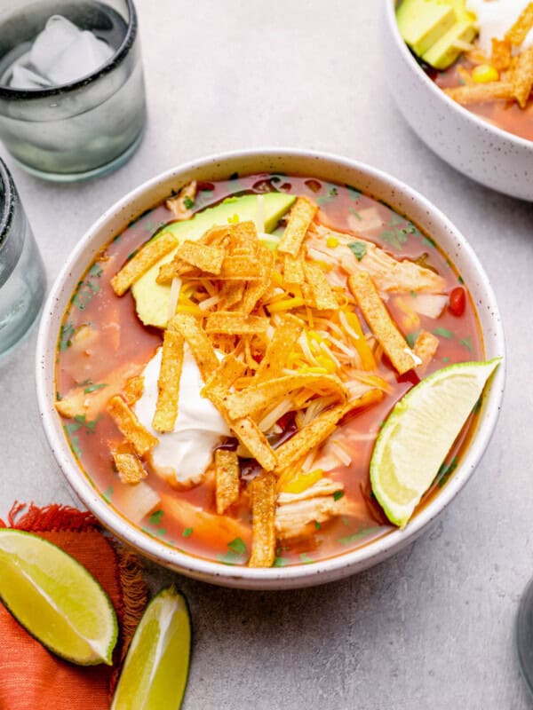 chicken tortilla soup in a white bowl