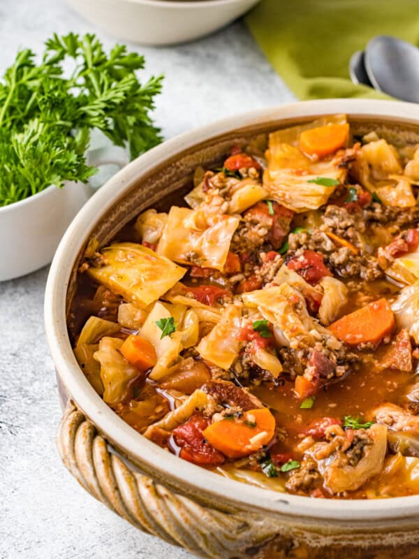 cabbage roll soup in a white bowl