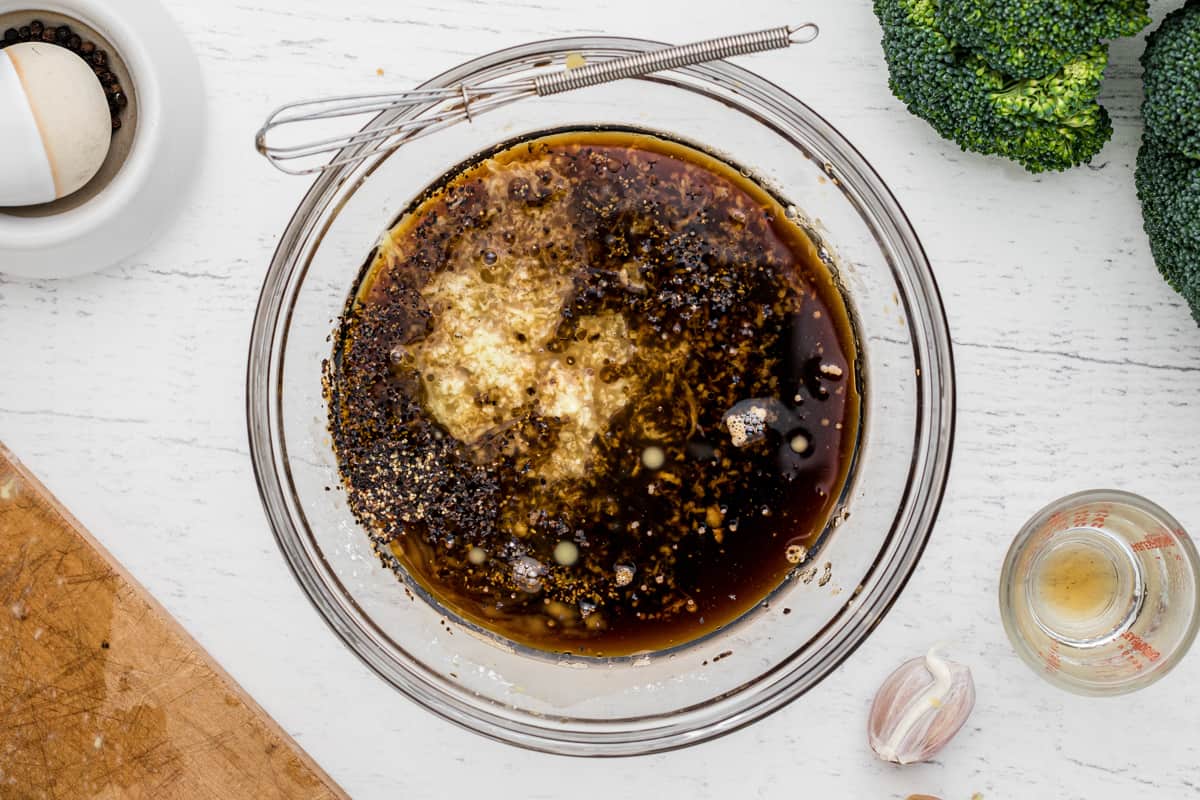 sauce for beef and broccoli in a glass bowl