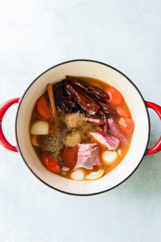 stewed meat mixture in a Dutch oven