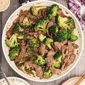 beef and broccoli in a skillet