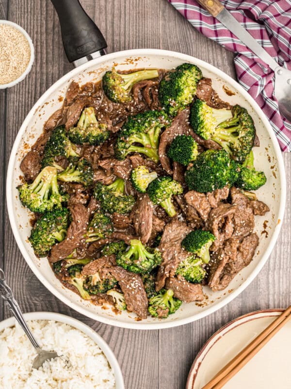 beef and broccoli in a skillet