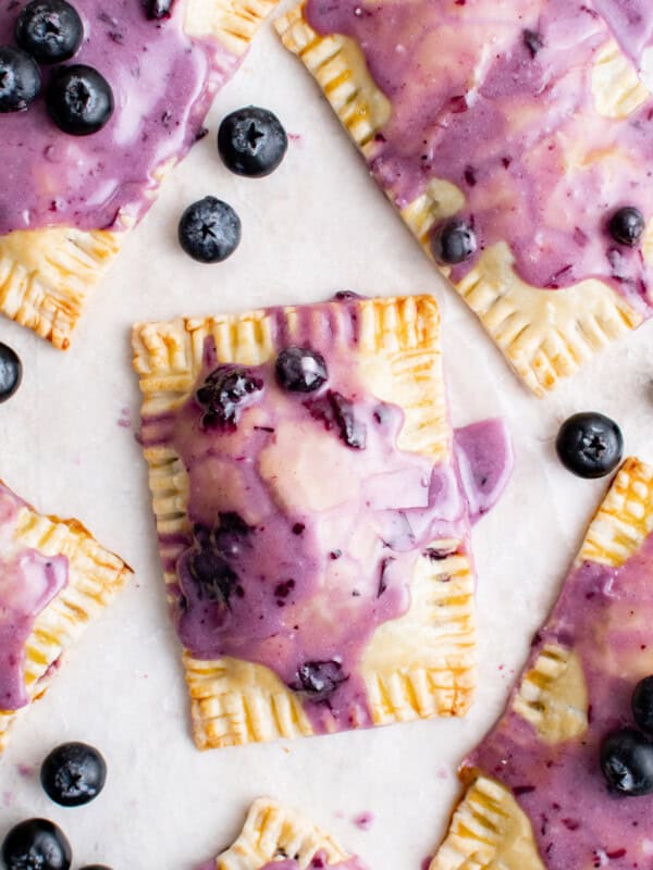 overhead view of 6 blueberry pop tarts.