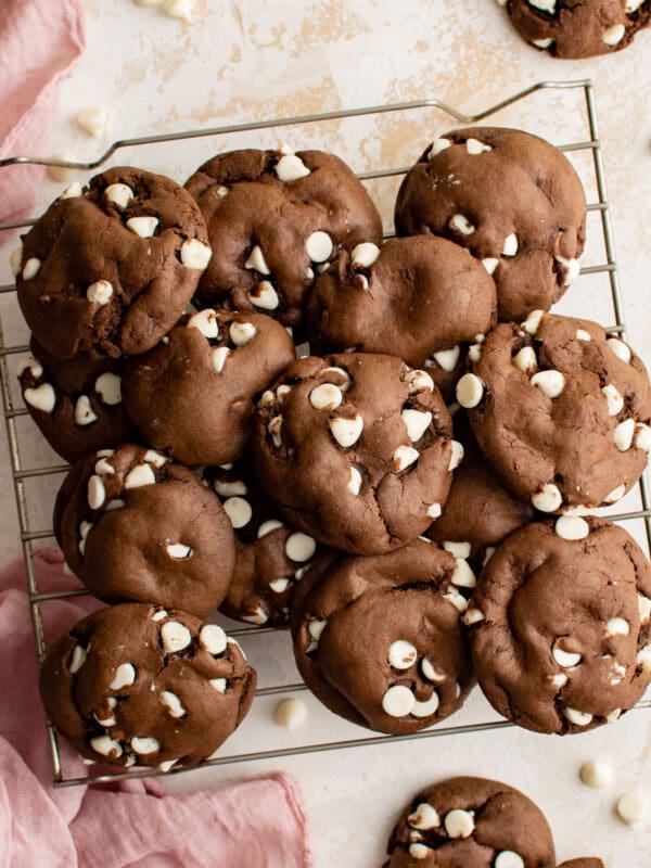 overhead view of chocolate cake mix cookies on a cooling rack.