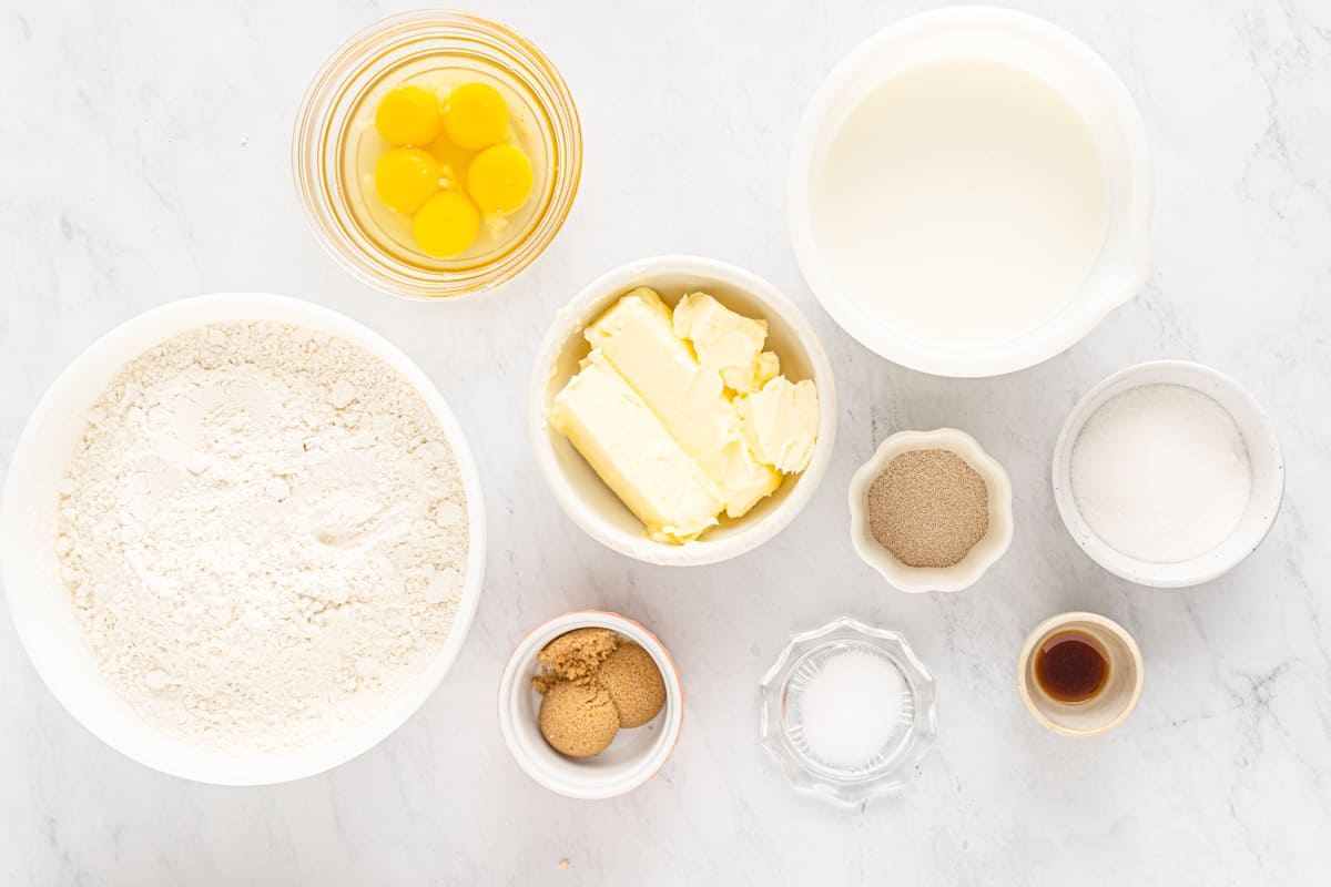 Ingredients for bakery cinnamon rolls.