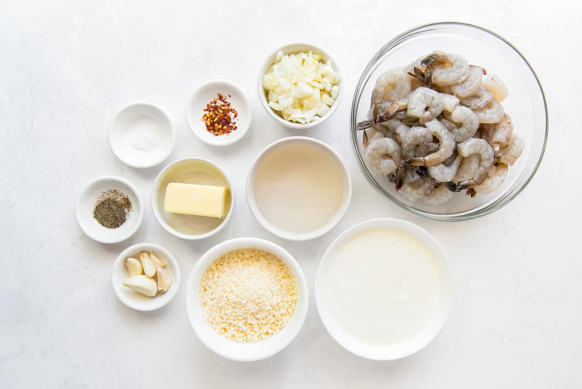 overhead view of ingredients for creamy parmesan shrimp.