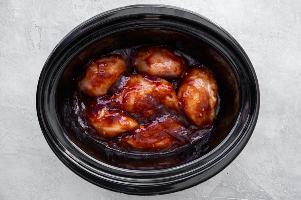 crockpot bbq chicken breasts in a crockpot.