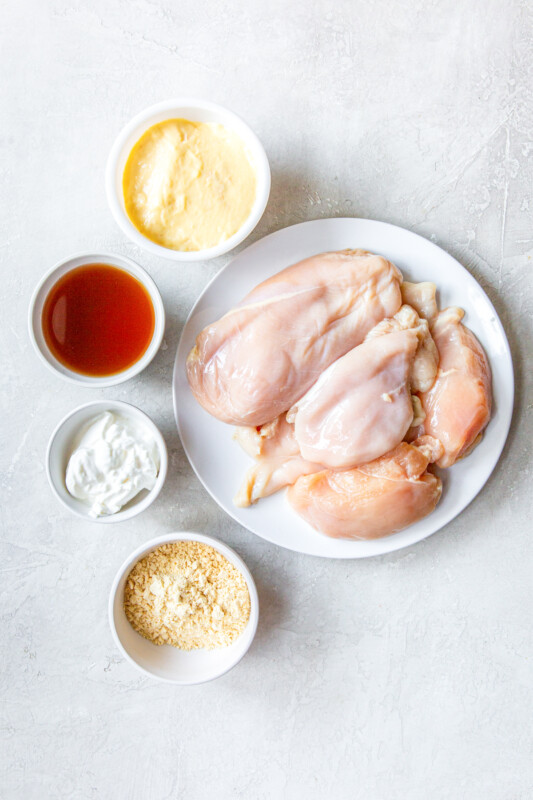 overhead view of ingredients for crockpot chicken and gravy.