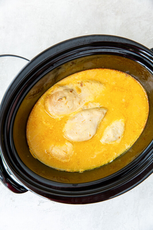 chicken and gravy in a crockpot.