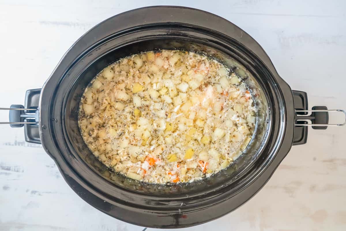 crockpot chicken noodle soup after cooking in a crockpot.