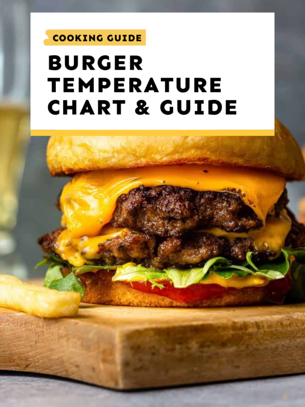 A burger cooking guide with temperature recommendations displayed on a cutting board.