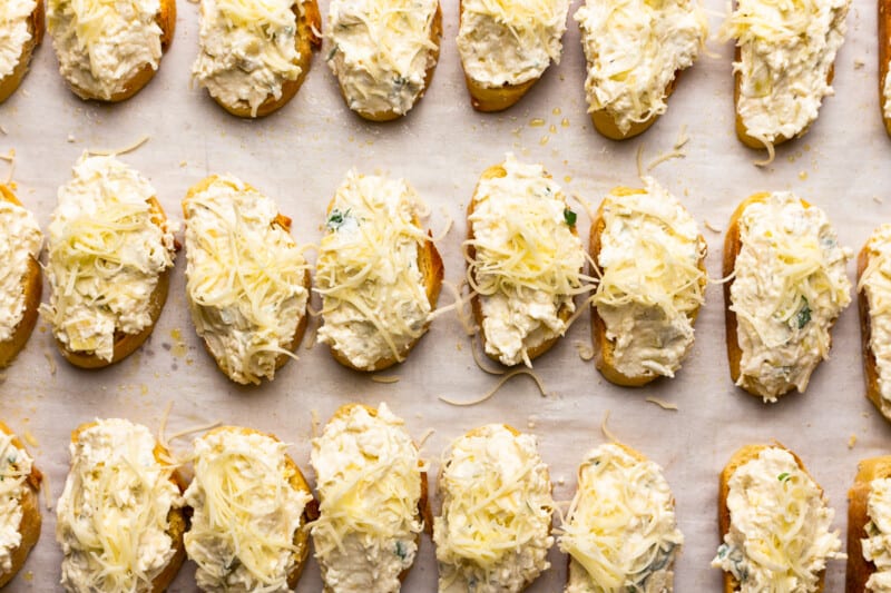 close up of artichoke bruschetta before baking