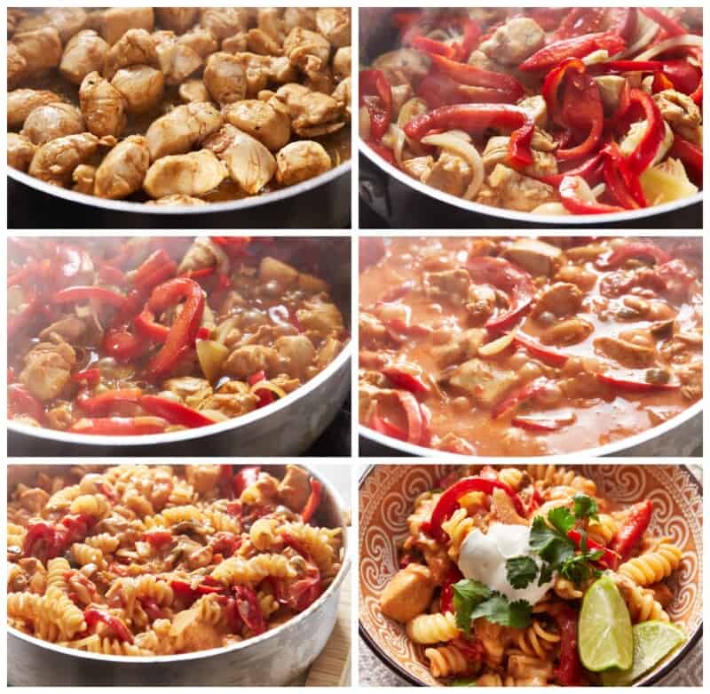 step by step photos for how to make chicken fajita pasta.