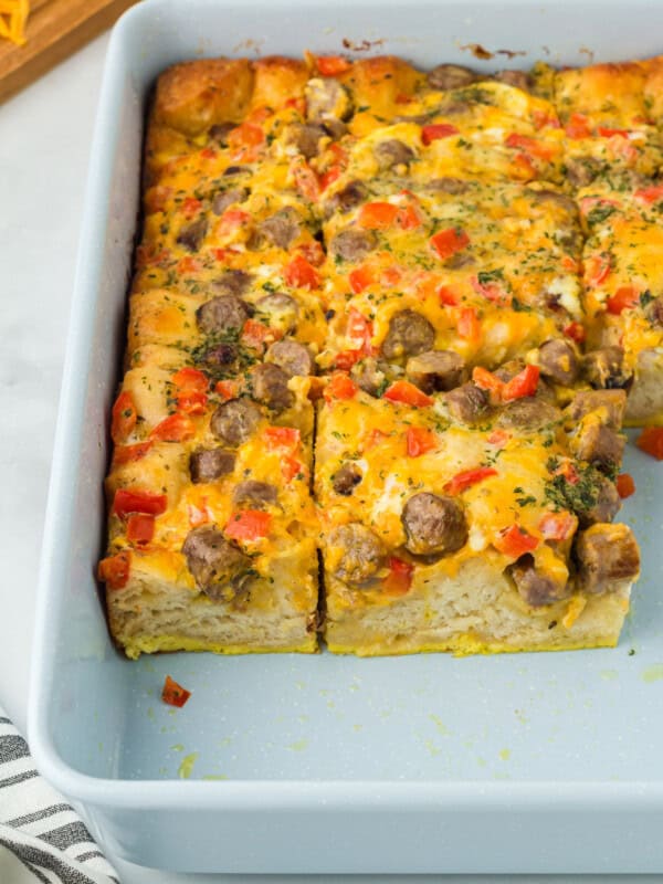 cut biscuit breakfast casserole in a baking pan.