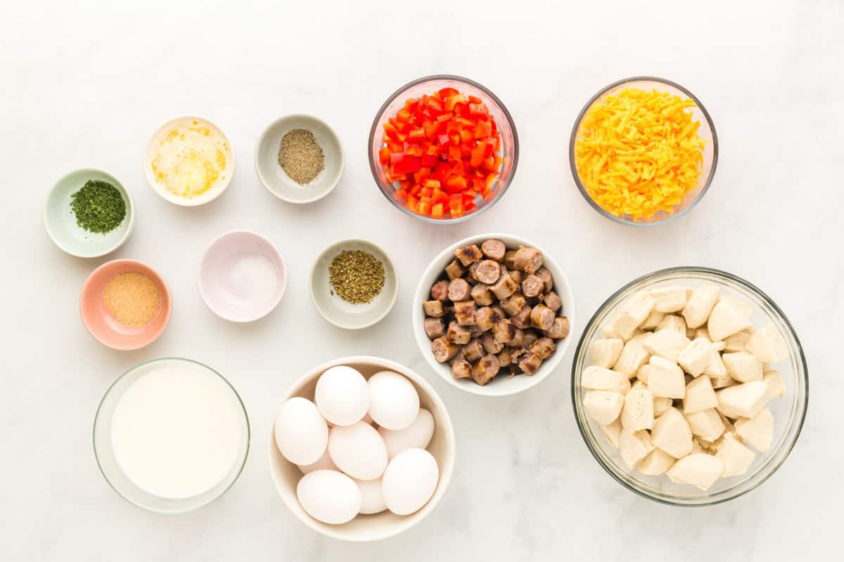 overhead view of ingredients for biscuit breakfast casserole.