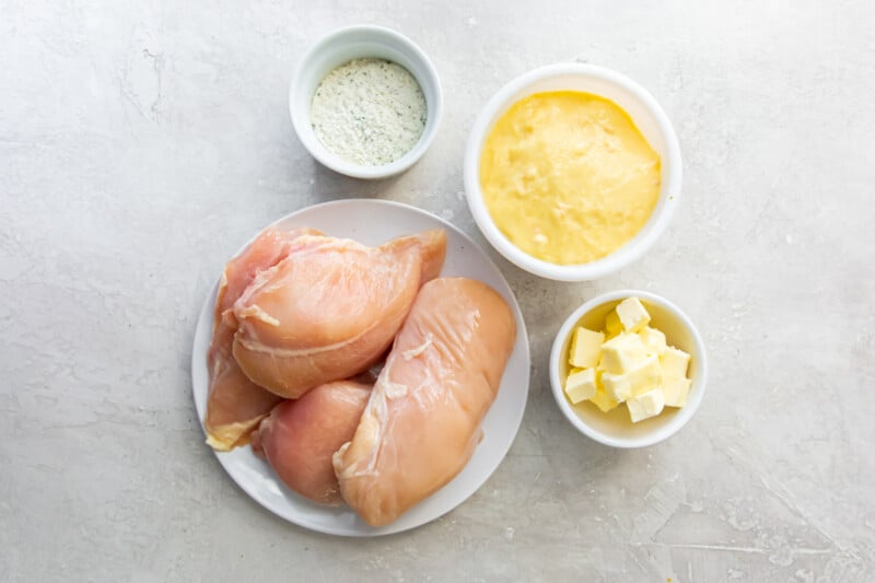 overhead view of ingredients for crockpot ranch chicken.