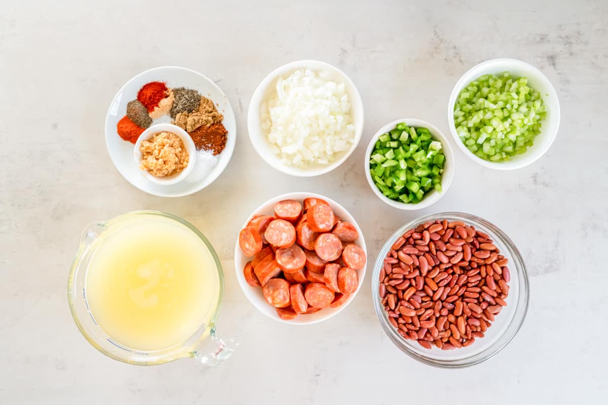 overhead view of ingredients for crockpot red beans and rice.