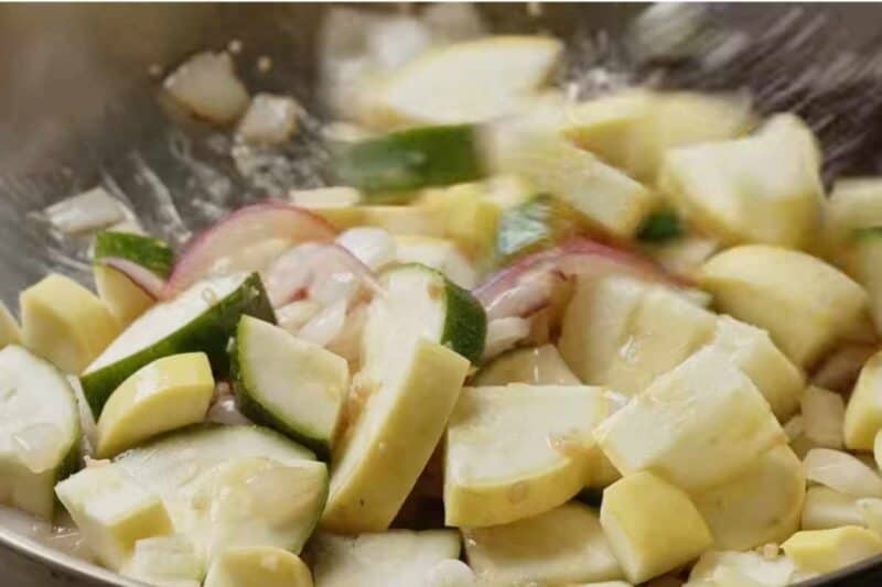 zucchini and squash added in the skillet