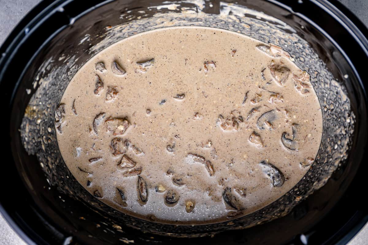 creamy beef stroganoff in a crockpot.