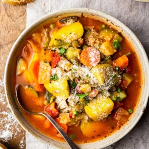 bowl of vegetable soup on a table