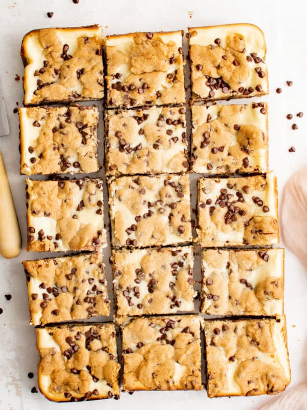 chocolate chip cheesecake bars cut into squares