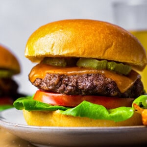 hamburger with lettuce, tomato, cheese, and pickles