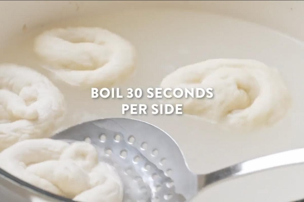 boil pretzels in baking soda water in batches