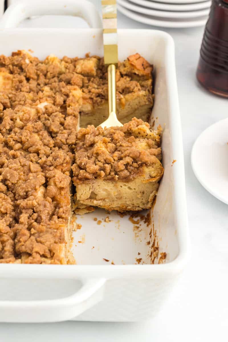 overnight French toast casserole cut into squares