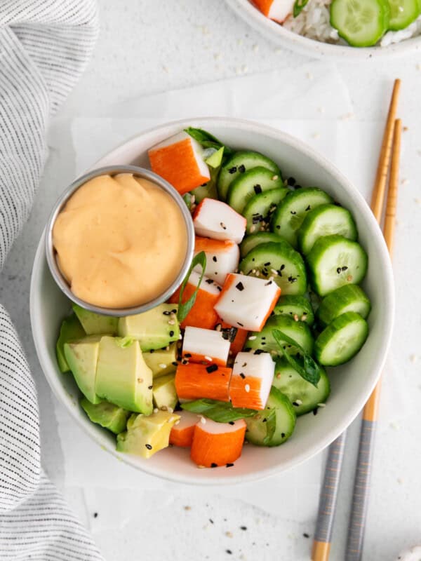 deconstructed California roll served in a bowl