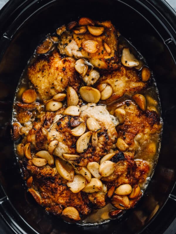 overhead view of 40 clove garlic chicken in a crockpot