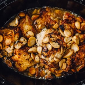 overhead view of 40 clove garlic chicken in a crockpot