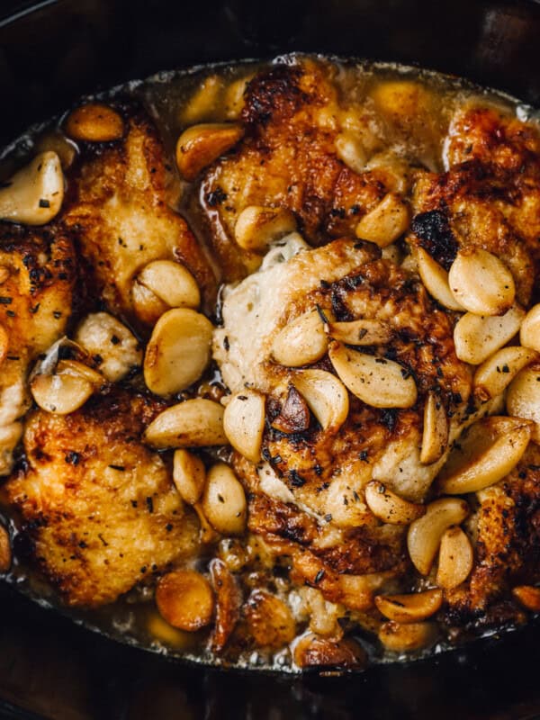 overhead view of 40 clove garlic chicken in a crockpot