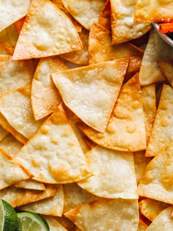 close up of homemade tortilla chips.