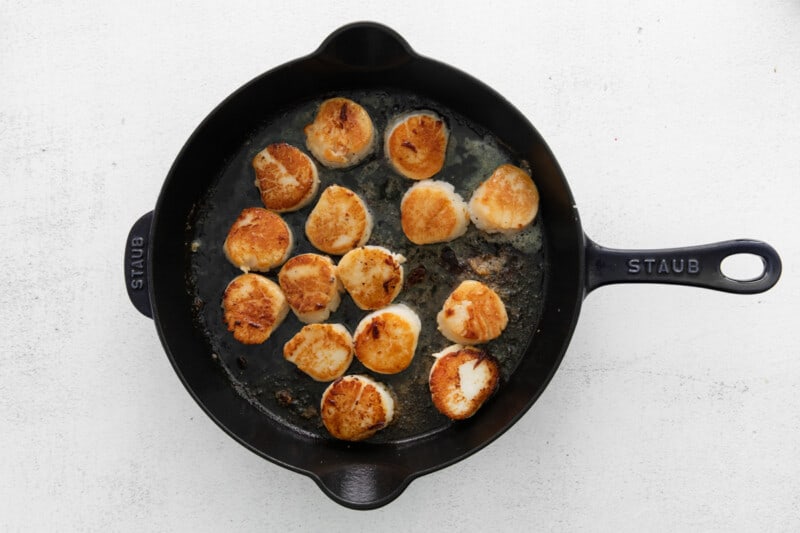 seared scallops in cast iron skillet