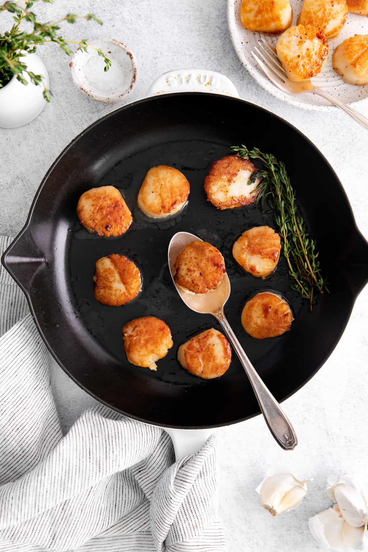 overhead view of pan seared scallops