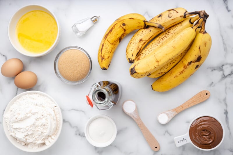 overhead view of ingredients for nutella banana bread.