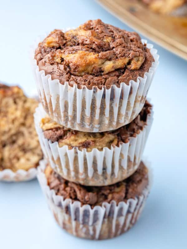 3 stacked banana nutella muffins.