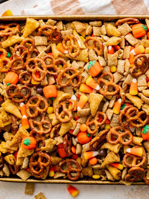 tray of halloween Chex mix