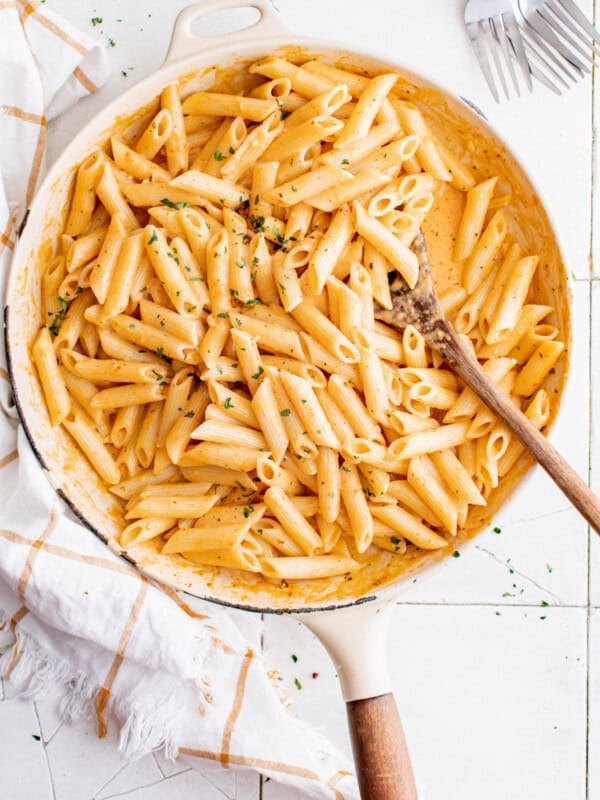 overhead view of a skillet of penne alla vodka