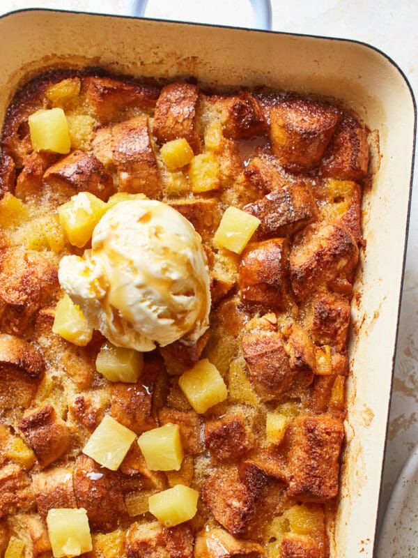 pineapple bread pudding with a scoop of ice cream